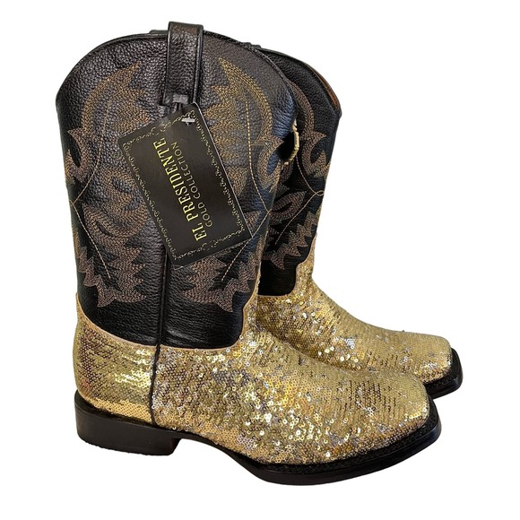El Presidente Gold Black Leather Sequin Square Block Western Boots Size 10 NWT - Picture 1 of 13